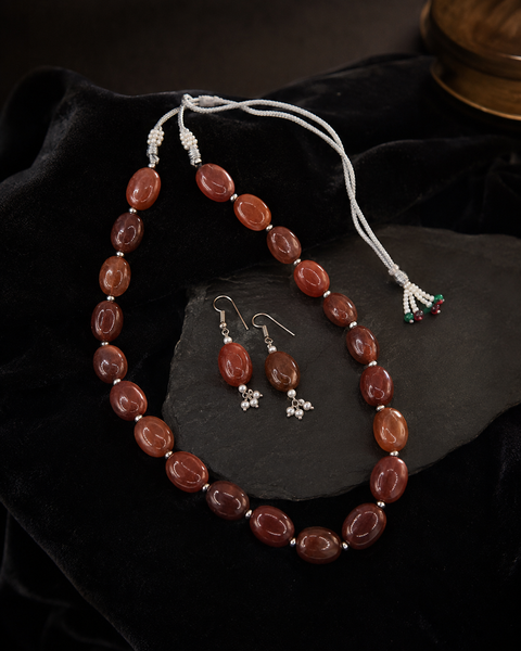 Amber Earth Bead Set — warm rust and brown beaded necklace with matching drop earrings, Papa Diaries Malta