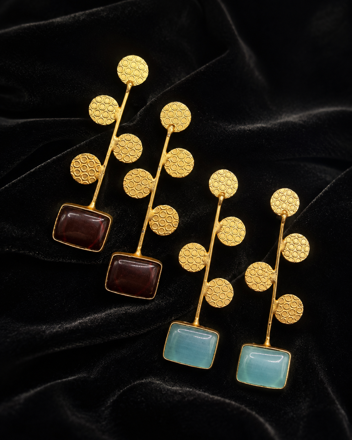 Gold disc drop earrings, garnet and aqua colourways
