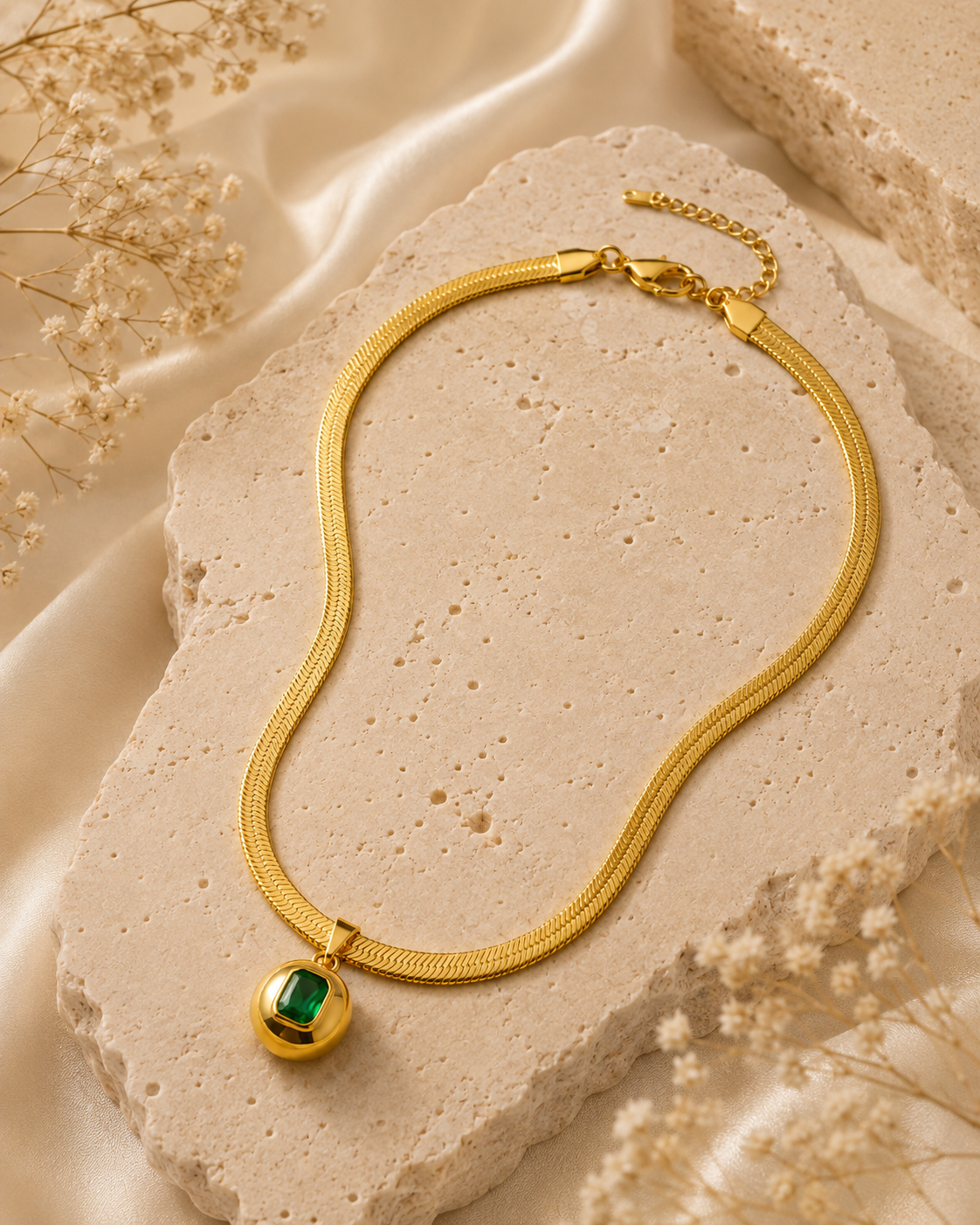 Macro detail of gold herringbone necklace with emerald pendant