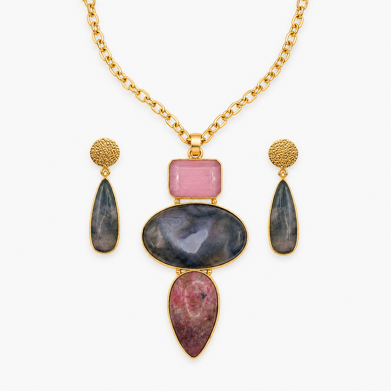 Macro detail of multi-stone pendant necklace